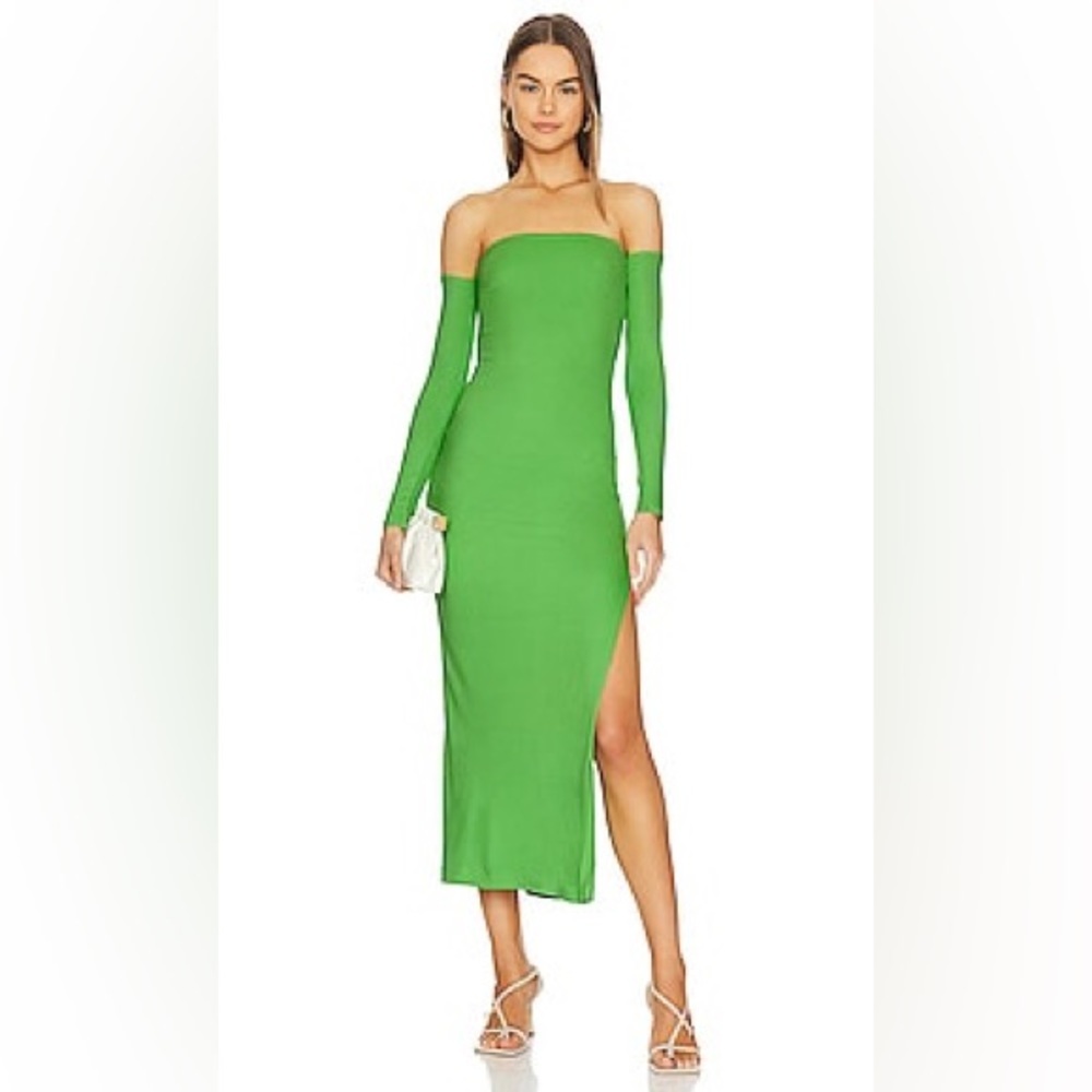 Lama Jouni Off Shoulder Dress Electric Green NWT Ribbed Body Con Party Revolve